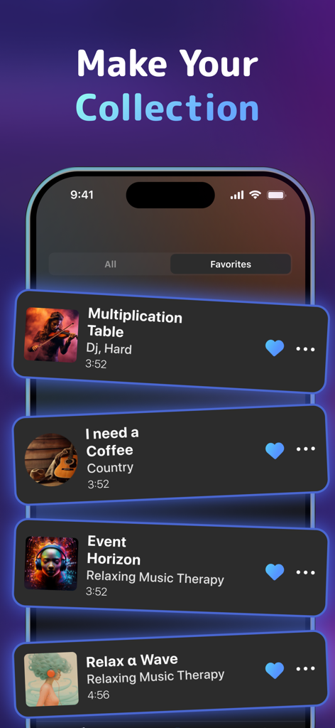 AI Song & Voice Generator - A mobile interface showing a collection of AI-generated songs with track titles, genres, and custom cover art.