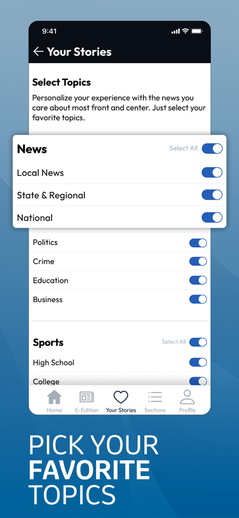 Helena Independent Record - Interface of the Helena Independent Record app showing how to pick favorite news and sports topics for a personalized feed