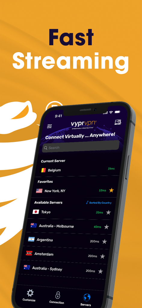 VyprVPN 모바일 앱 화면에 빠른 스트리밍을 위한 전 세계 서버 위치 목록 표시