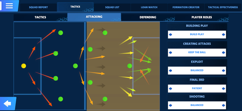 First Team Manager Season 2026 - Attacking tactics board in First Team Manager 2026 showing player movement arrows and role settings for soccer management.