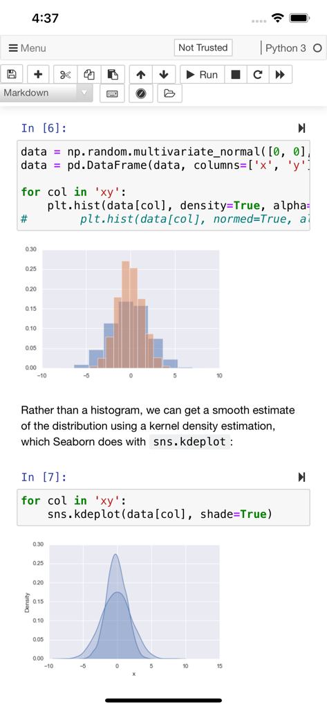 Python Jupyter notebook on mobile showing data science code and statistical plots
