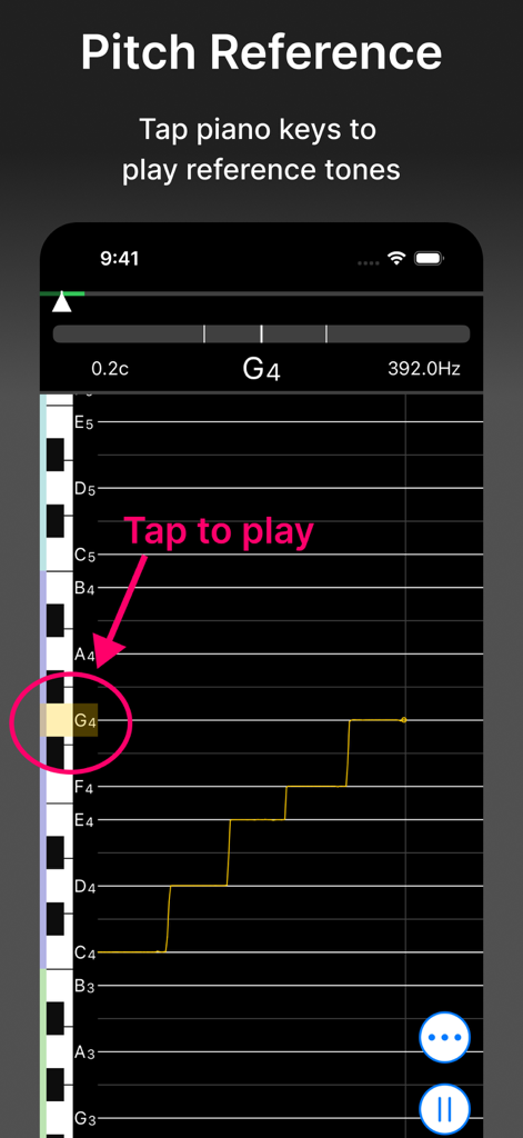 VocalTuner - VocalTuner app screenshot showing the pitch reference screen with a virtual piano keyboard for vocal training