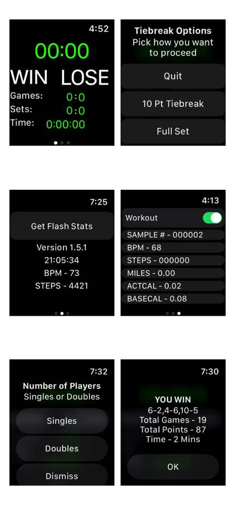 Quicktap Tennis Scorekeeper - クイックタップアプリのテニススコアキーピング、タイブレークオプション、フィットネス統計を表示するApple Watch画面のコレクション。