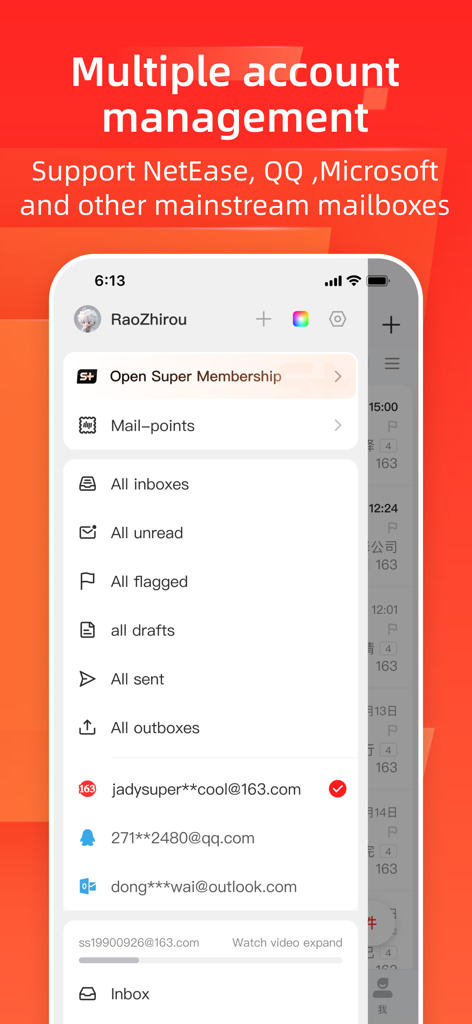 Mail Master by NetEase app interface showing multiple email accounts management for NetEase QQ and Microsoft Outlook