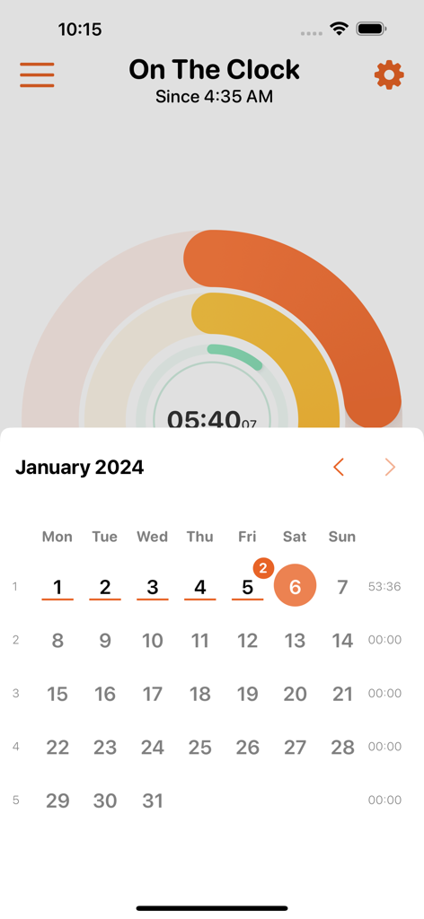 Interfaccia dell'app Time Arc che mostra un timer di lavoro attivo con una barra di avanzamento ad arco visivo e una vista calendario mensile.