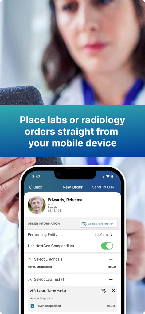 NextGen Mobile Solutions - NextGen Mobile Solutions app screen for placing lab and radiology orders on an iPhone