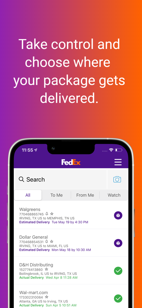 FedEx Mobile app interface showing a list of tracked packages with delivery statuses and estimated dates