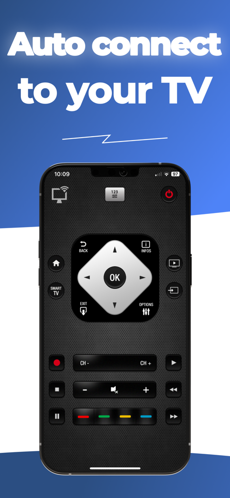 Phil : tv remote - Pantalla de iPhone mostrando la interfaz de la aplicación de control remoto Phil TV con función de conexión automática