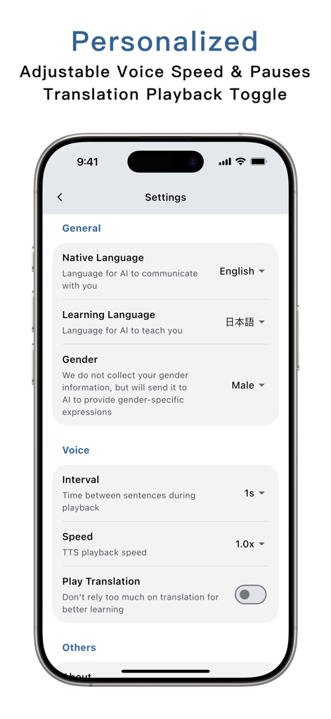 Menu des paramètres de l'application OCAT montrant la vitesse de la voix réglable, les intervalles de lecture et les options de sélection de langue