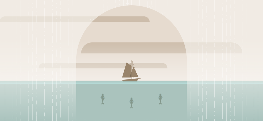 A minimalist flat-design illustration of a small sailboat on the sea with three mermaids underwater and a large sun in the background during rain.