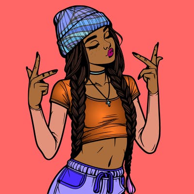 realistic teenage girl with braids and a beanie and crop top doing 🫶🏼