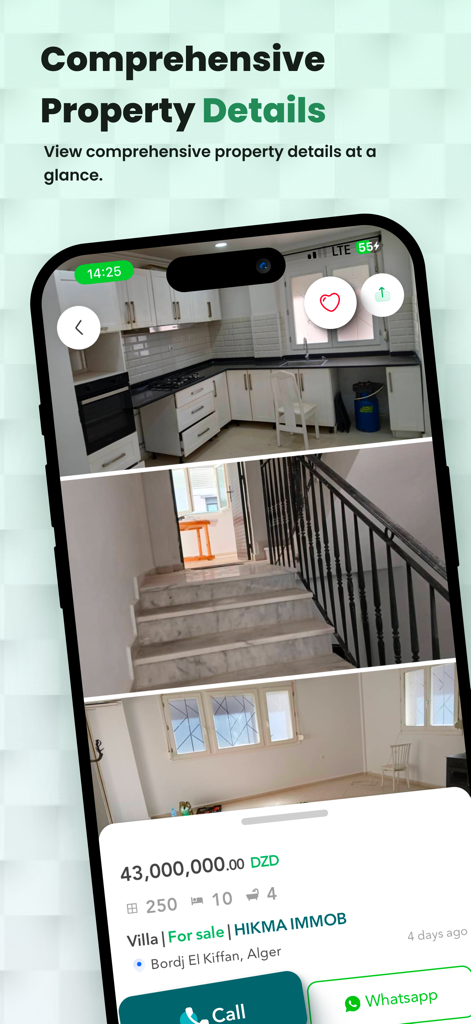 Aqarimmo pro - Tela do aplicativo móvel Aqarimmo Pro exibindo informações detalhadas de propriedade e fotos para um anúncio de vila