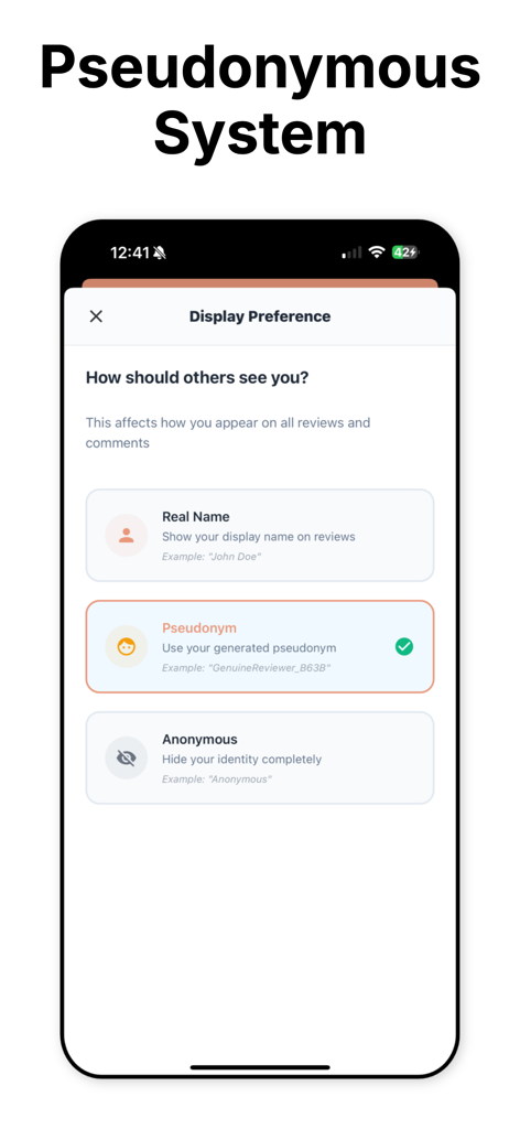 TeaOnHer app display preferences screen showing identity options for real name pseudonym and anonymous