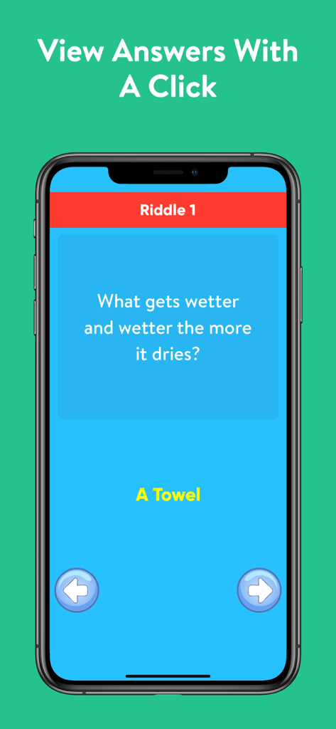 A mobile app screenshot of a riddle asking what gets wetter as it dries with the answer a towel below