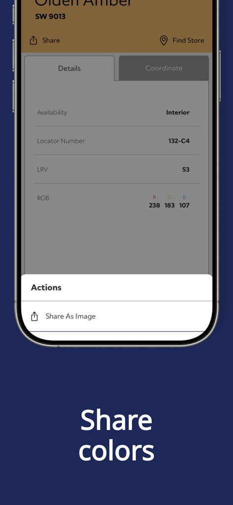 SherMatch plus app screen showing Golden Amber paint color details and share options.