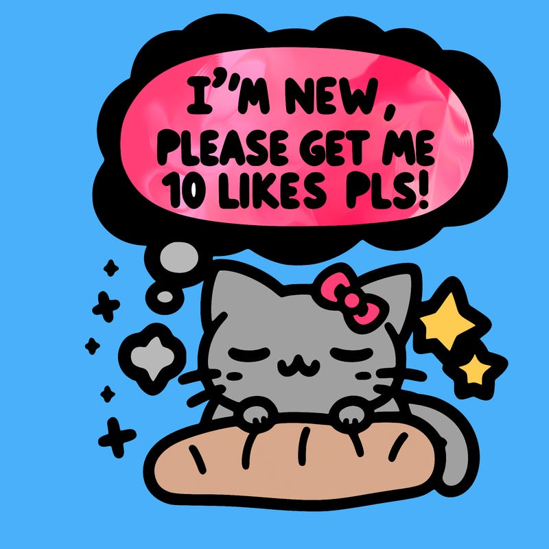 kitty taking a nap dream talking and saying "i'm new, please get me at least 10 likes pls!!"