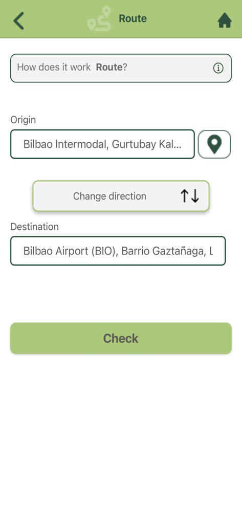 Bizkaibus - Bizkaibus app route planner screen showing a search from Bilbao Intermodal to Bilbao Airport