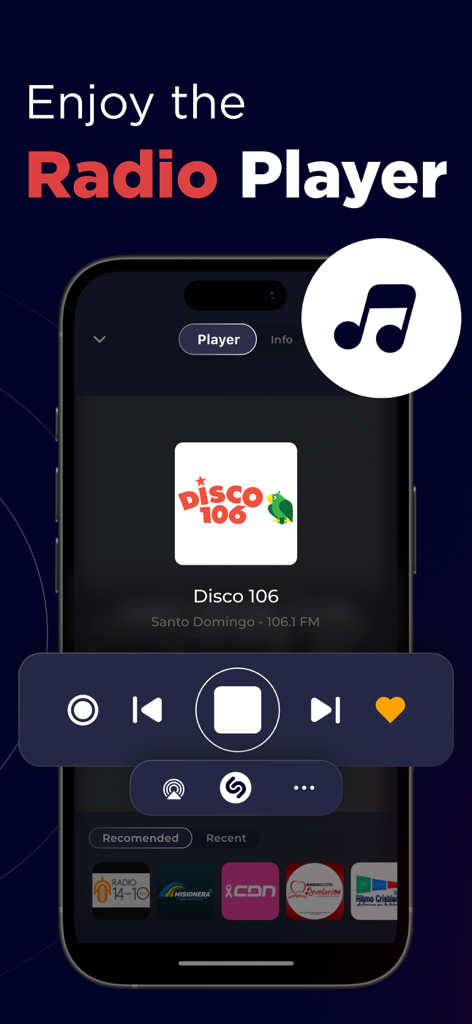 Dominican Radio Live FM & AM - Smartphone screen displaying the radio player of the Dominican Radio Live app playing Disco 106 FM.