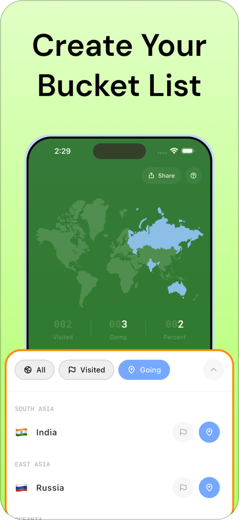 Travel Tracker - Travely - 트래블리 앱 인터페이스로 세계 지도와 인도, 러시아와 같은 국가에 대한 여행 버킷 리스트를 보여줍니다