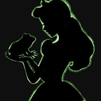 a shadow of a princess holding a frog realistic