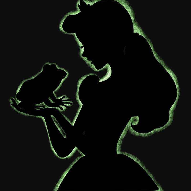 a shadow of a princess holding a frog realistic