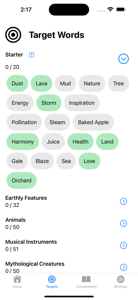 Context Craft - Interfaz de la aplicación Context Craft que muestra la pantalla de Palabras Objetivo con burbujas de palabras descubiertas y varias categorías como Animales y Características Terrestres.