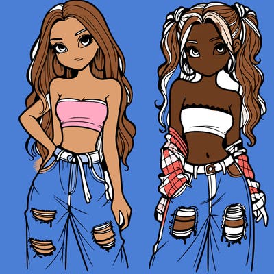 2 girls in crop tops and baggy jeans ripped