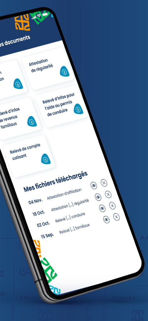 Interfaz de la aplicación Tatou que muestra opciones de descarga de documentos e historial de servicios de seguridad social