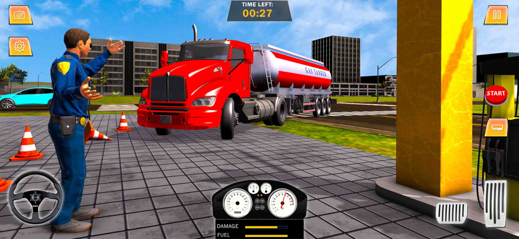 Gas Station Junkyard Sim Game - Un camión cisterna de gas rojo llegando a una gasolinera con un operario guiándolo en un juego de simulación 3D