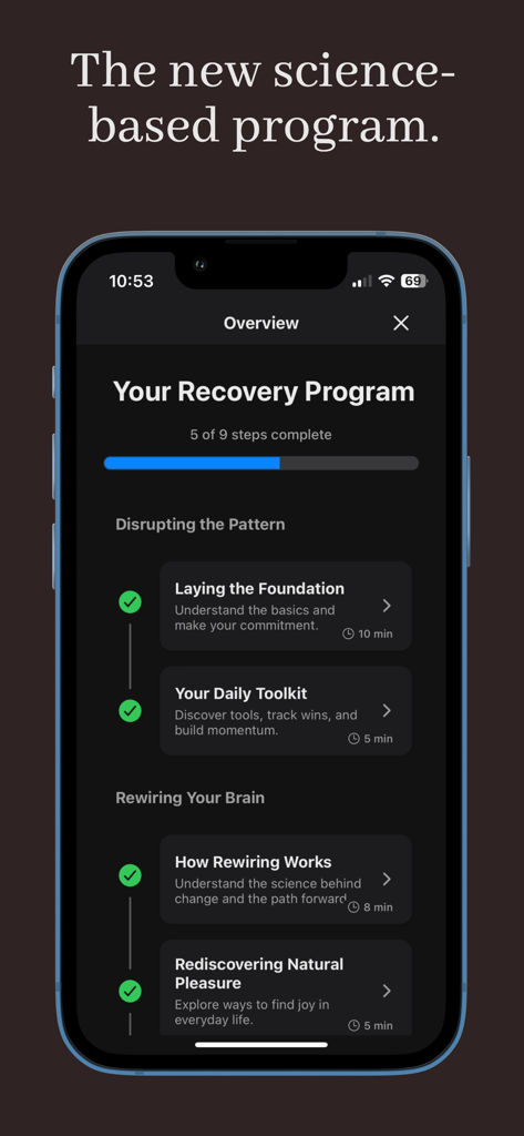 Unbound: Quit Porn Today - Interfaz de la aplicación móvil que muestra la descripción general del programa de recuperación con seguimiento del progreso y pasos de reconfiguración cerebral