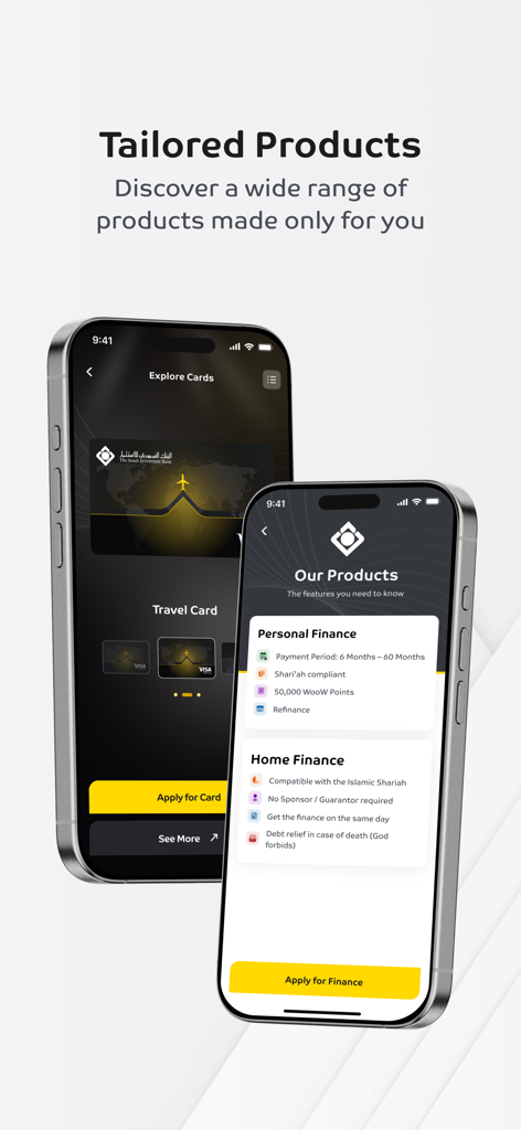 Two iPhones displaying the SAIB Mobile app interface for travel card selection and finance product details.