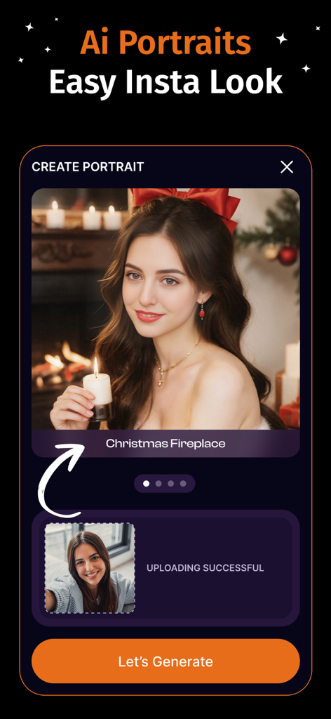 AIバーチャル試着アプリのインターフェースで、クリスマスの暖炉ポートレート生成機能を示している