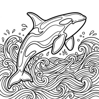 Capture the power and grace of the ocean with this dynamic orca coloring page. It features a magnificent killer whale leaping high above intricately detailed waves, ready for your creative touch.