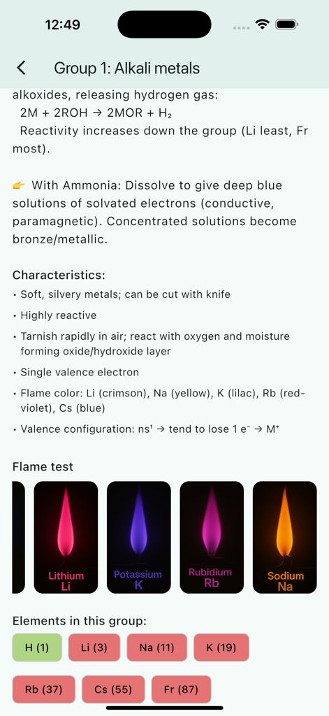 Chemistry lab pro - Pantalla de la aplicación que muestra las características de los metales alcalinos del Grupo 1 y los resultados de la prueba de llama para litio, potasio, rubidio y sodio