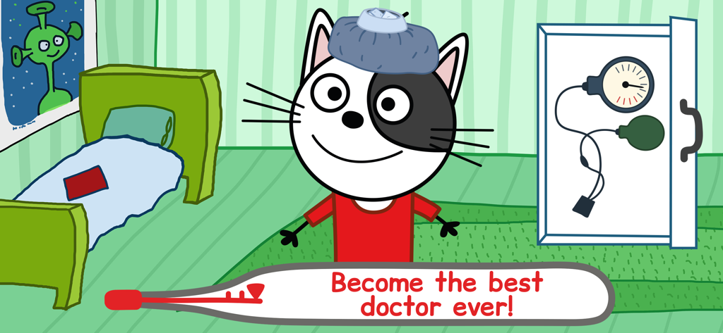 Cartoon cat with an ice pack and medical tools in Kid-E-Cats pet doctor game