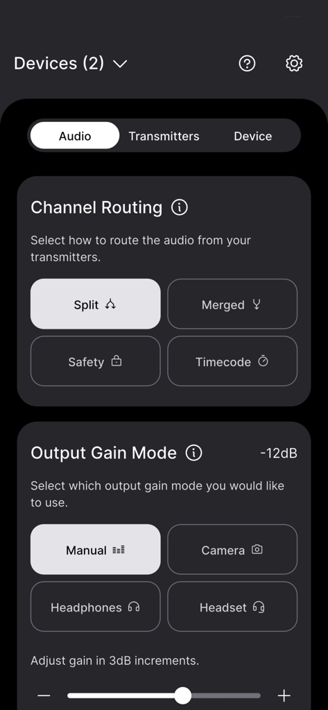 RODE Central Mobile app dashboard displaying channel routing and output gain mode controls