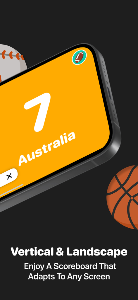 Score Keeper app showing a yellow rugby scoreboard for Australia in landscape mode.