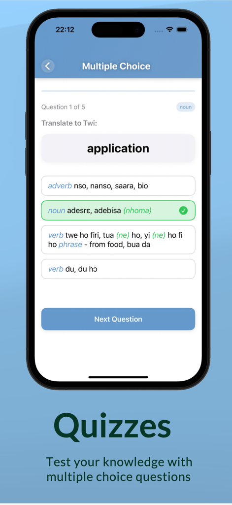 A multiple choice quiz interface in the Twi Dictionary app for testing Twi language vocabulary.