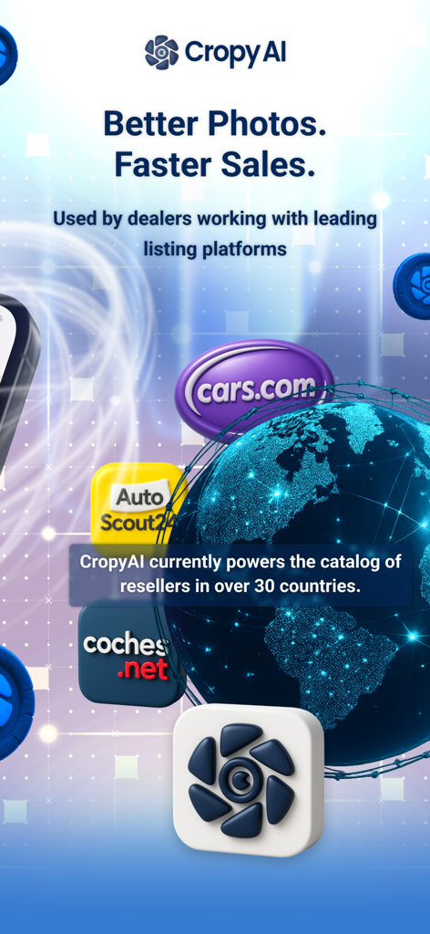 Cropy AI: Car Studio - Cropy AI marketing image showing global car dealership platform support