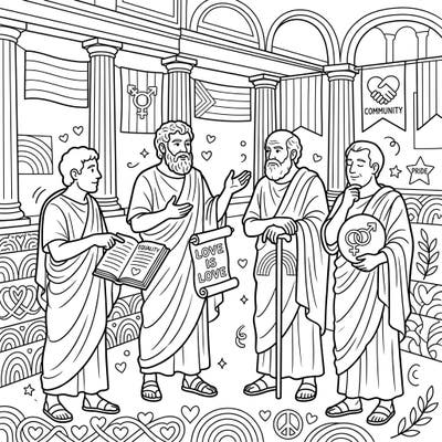 Delve into a unique coloring experience featuring ancient Roman philosophers engaged in thoughtful discourse, subtly interwoven with vibrant Pride Month symbols. This intricate design invites you to blend history and modern values through the joy of coloring.