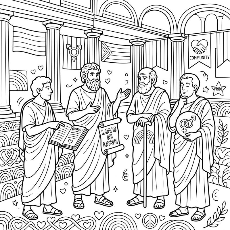 Delve into a unique coloring experience featuring ancient Roman philosophers engaged in thoughtful discourse, subtly interwoven with vibrant Pride Month symbols. This intricate design invites you to blend history and modern values through the joy of coloring.