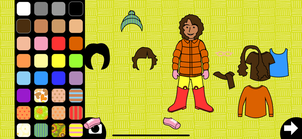 Dress-up - Character customization screen in the Dress-up app featuring a color palette and various clothing items