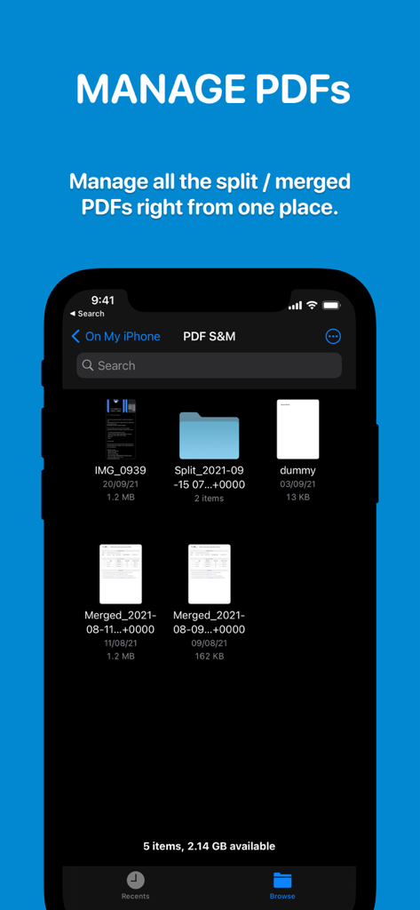 ダークモードのアプリケーションのファイル管理インターフェイス内で、結合および分割されたPDFファイルのコレクションを表示するiPhone画面。