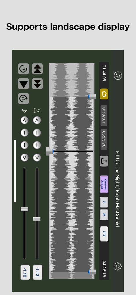 Audio Unit Player - Interfaz de la aplicación Audio Unit Player en modo horizontal que muestra una vista de forma de onda y controles de ajuste de tono.