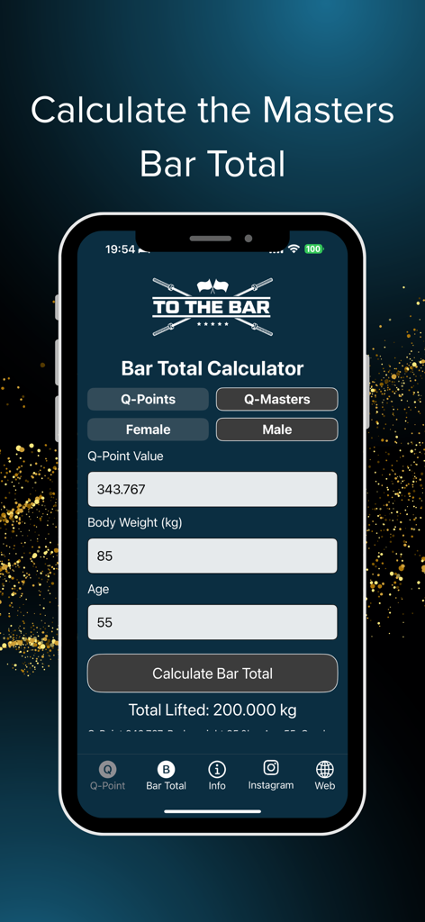 Q-Points Calculator - Interface of the Q-Points Calculator app showing the Bar Total Calculator for Masters athletes.