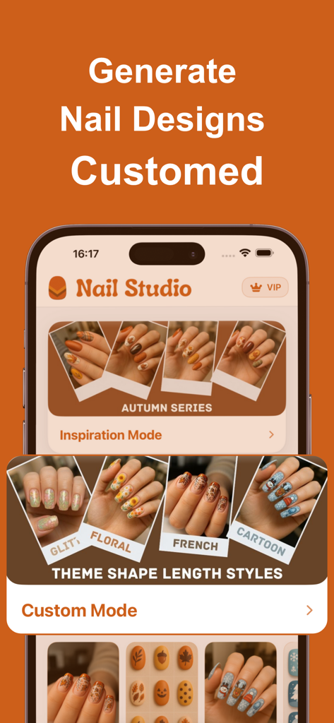 Nail Design Generator & Try-on - Mobile app screen for generating custom nail designs with different styles and shapes