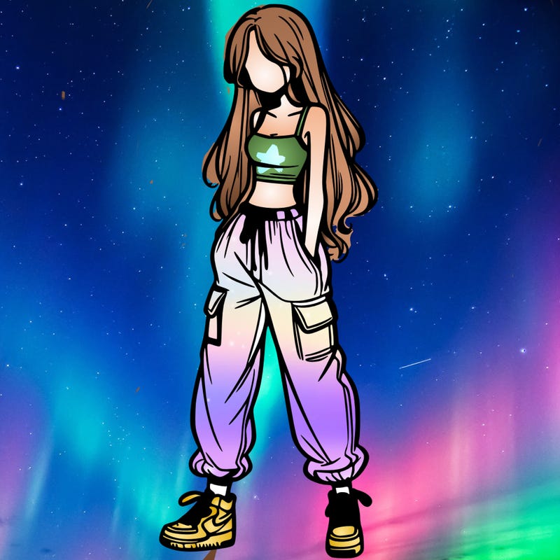 girl in baggy pants crop top and long hair