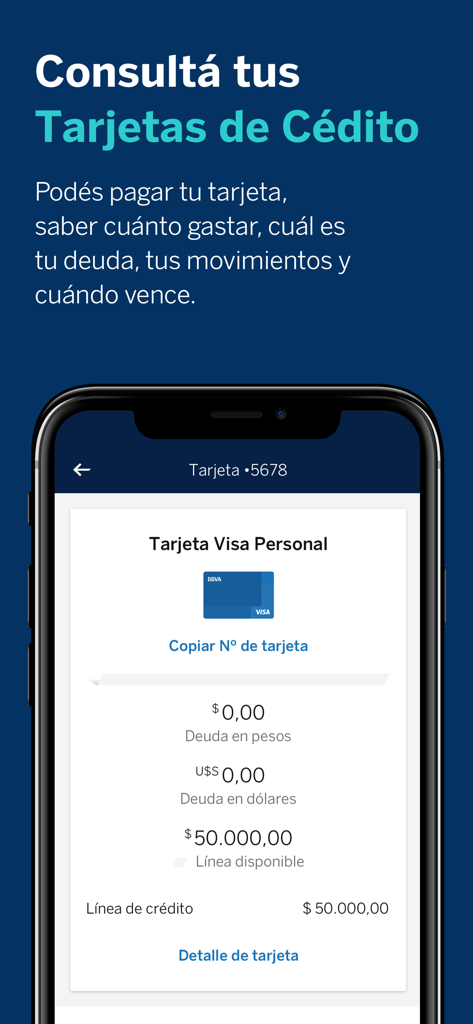BBVA Uruguay - Écran de l'application BBVA Uruguay montrant les détails de la carte de crédit Visa personnelle, y compris les soldes et la limite de crédit
