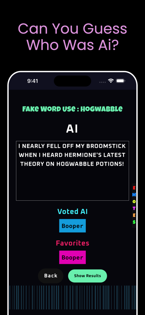 Party Ai - Interface of Party Ai game asking players to identify an AI generated answer about a fake word