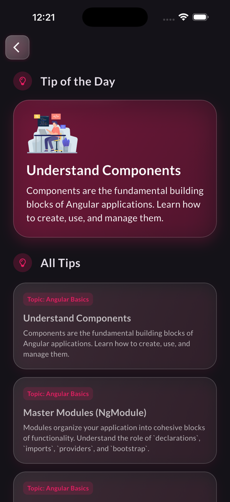 Learn Angular Development - Der Bildschirm "Tipp des Tages" und "Alle Tipps" in der Learn Angular Development App, der Lektionen zu Komponenten und Modulen zeigt